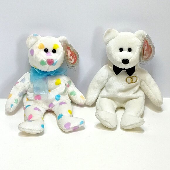 Ty Beanie Babies Kissme & Mr. 2001 Wedding Bears Heart Tags Collectible Plush - Picture 1 of 8